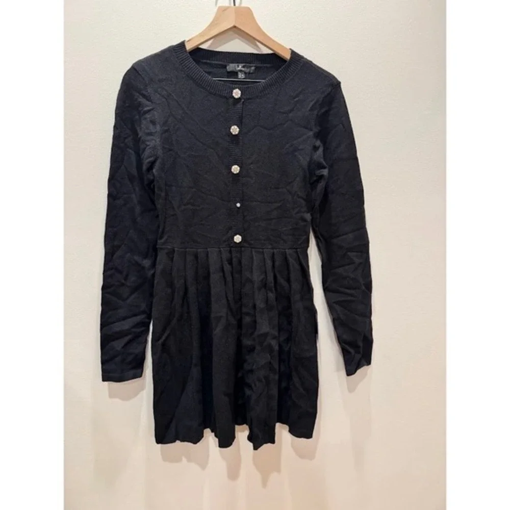 Lulus Black Ribbed Knit Button Front Pleated Skirt Dress Size M - Picture 2 of 15
